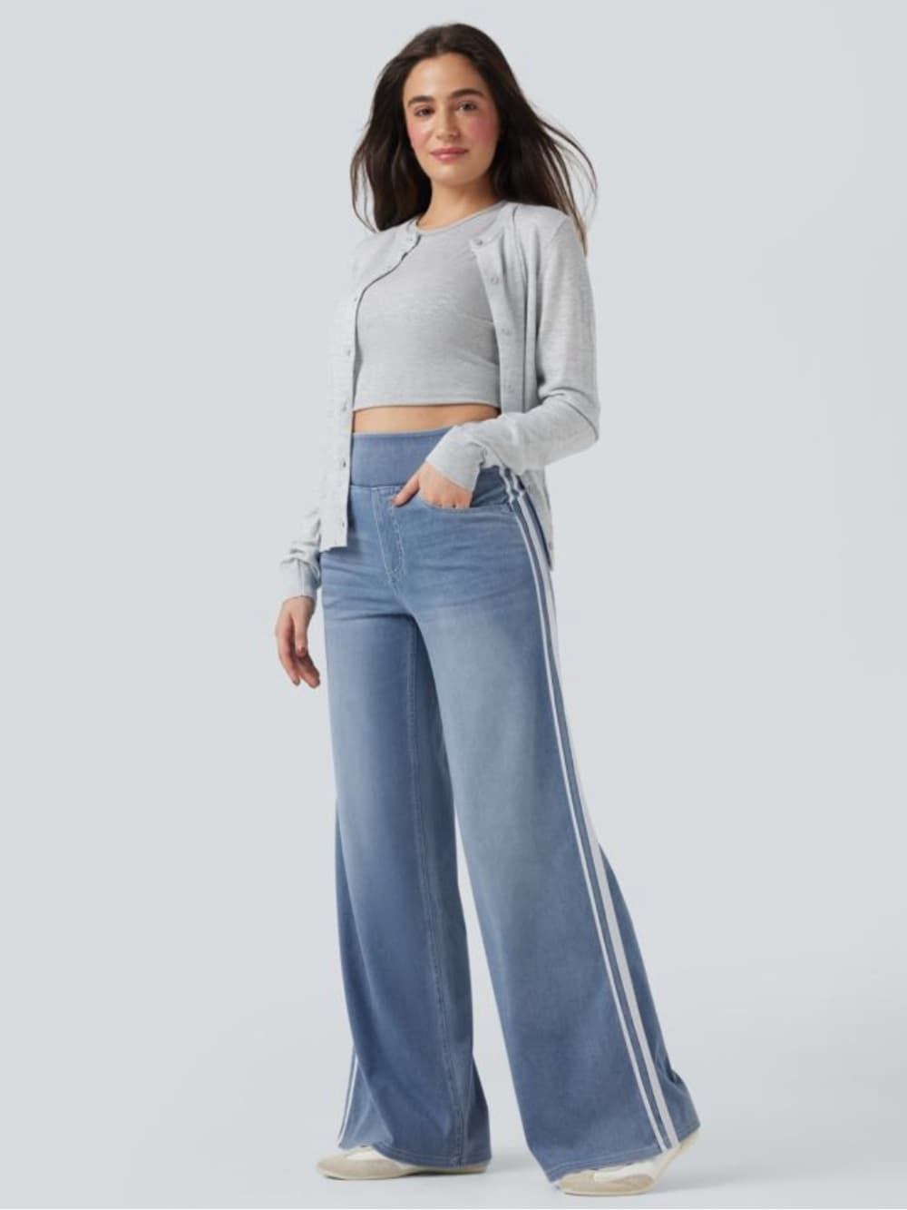 Halara Flex™ High Waisted Stripe Wide Leg Flowy Washed Casual Jeans - Thumbnail 6