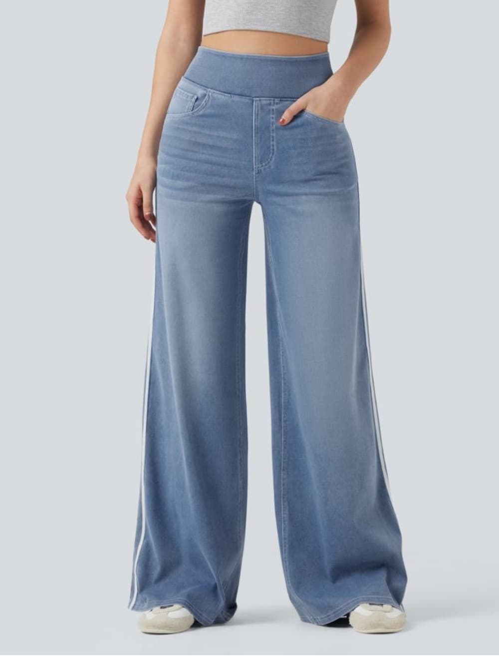 Halara Flex™ High Waisted Stripe Wide Leg Flowy Washed Casual Jeans - Thumbnail 2