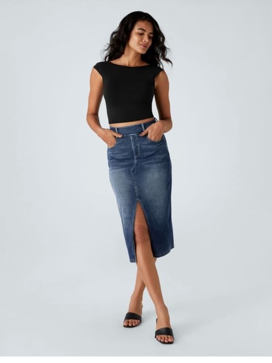 HALARA Denim Midi Skirt with Front Slit - Blue - Thumbnail 7