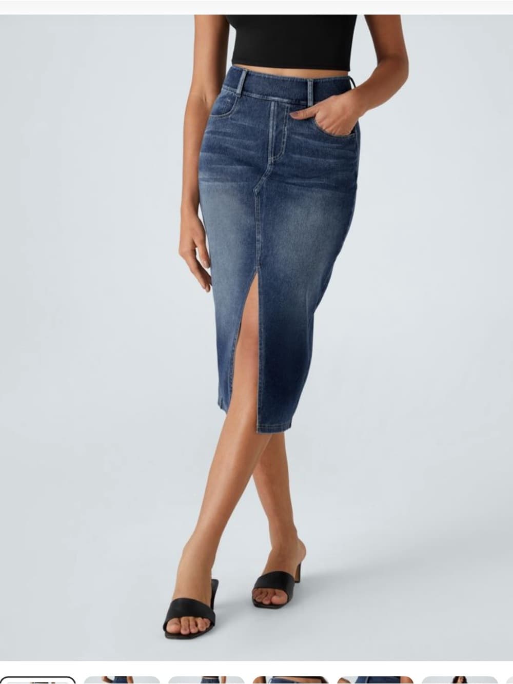 HALARA Denim Midi Skirt with Front Slit - Blue - Thumbnail 2