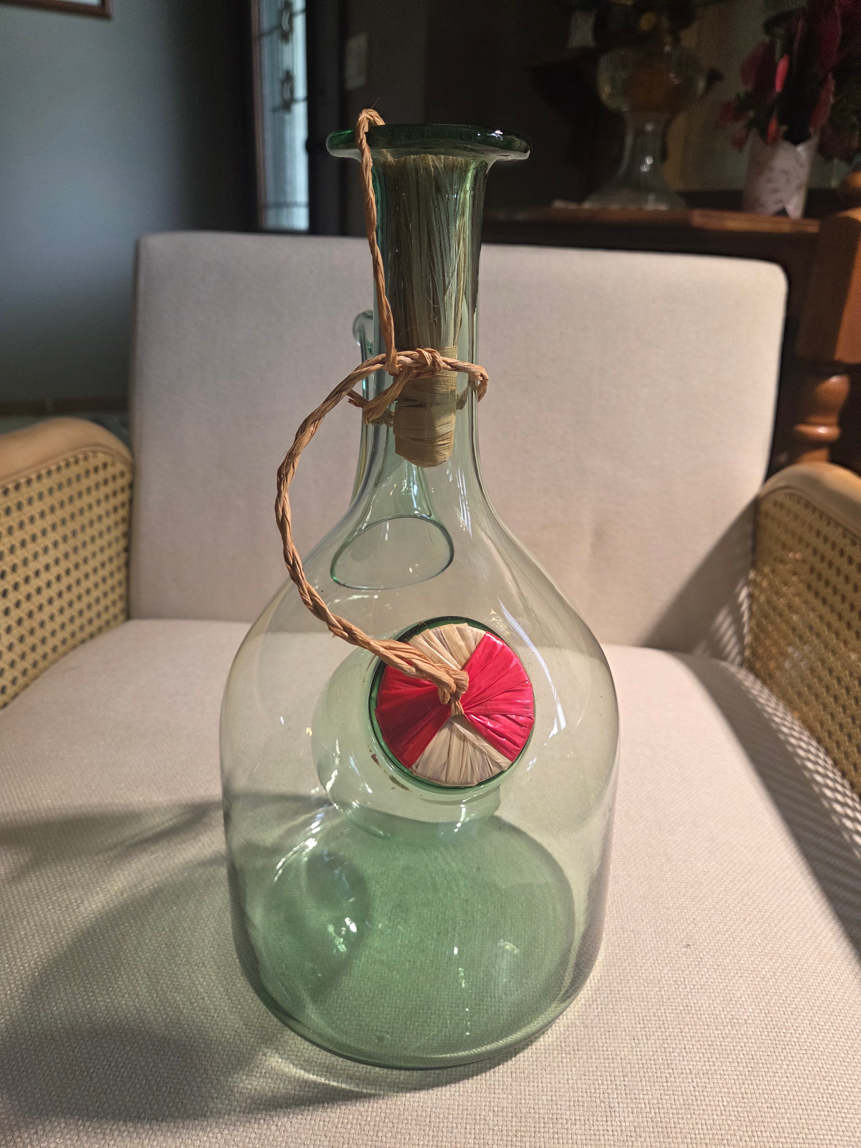 Vintage Italian Blown Green Glass Wine Decanter Ice Chamber Chiller Spout - Thumbnail 5