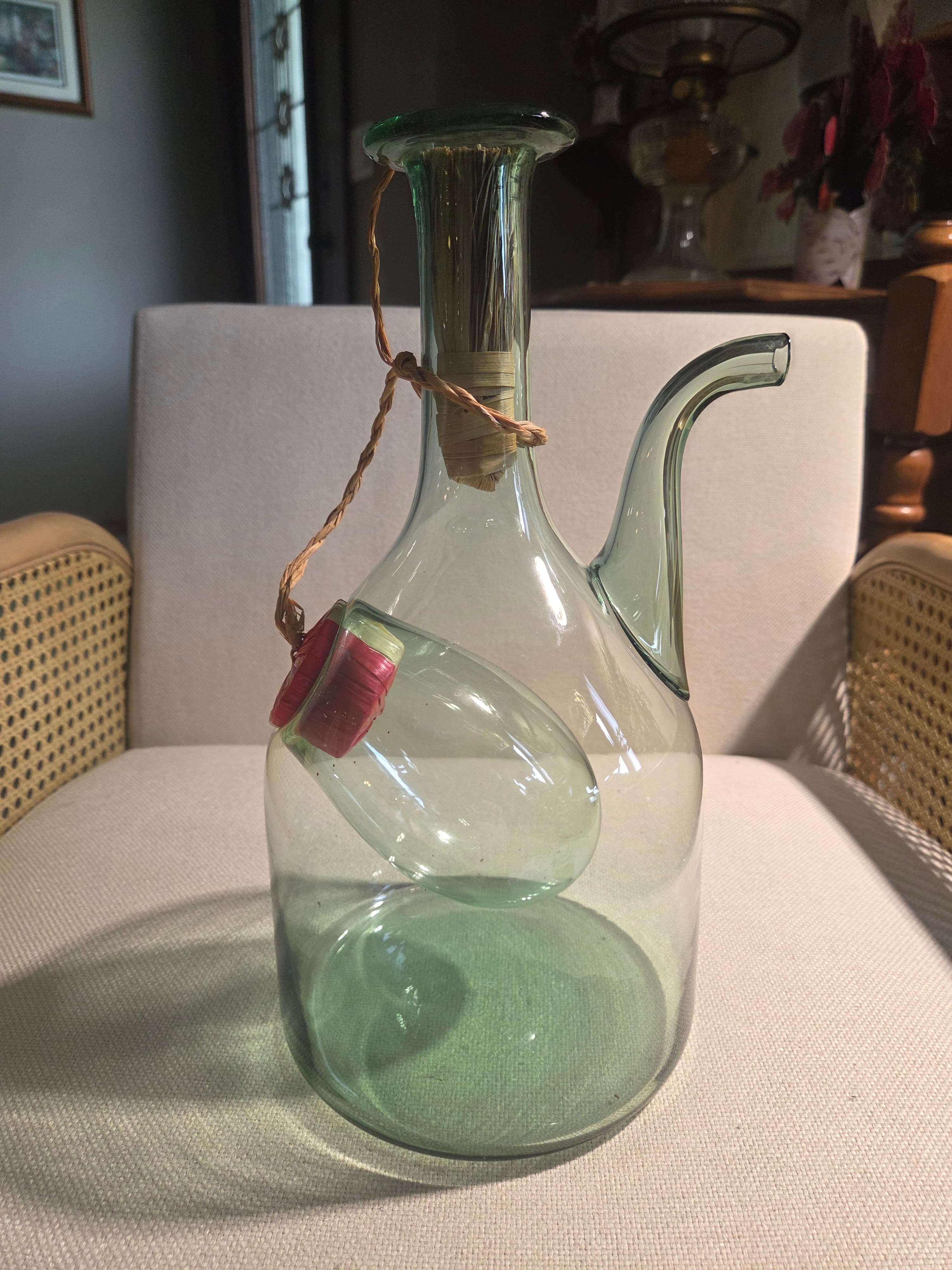 Vintage Italian Blown Green Glass Wine Decanter Ice Chamber Chiller Spout