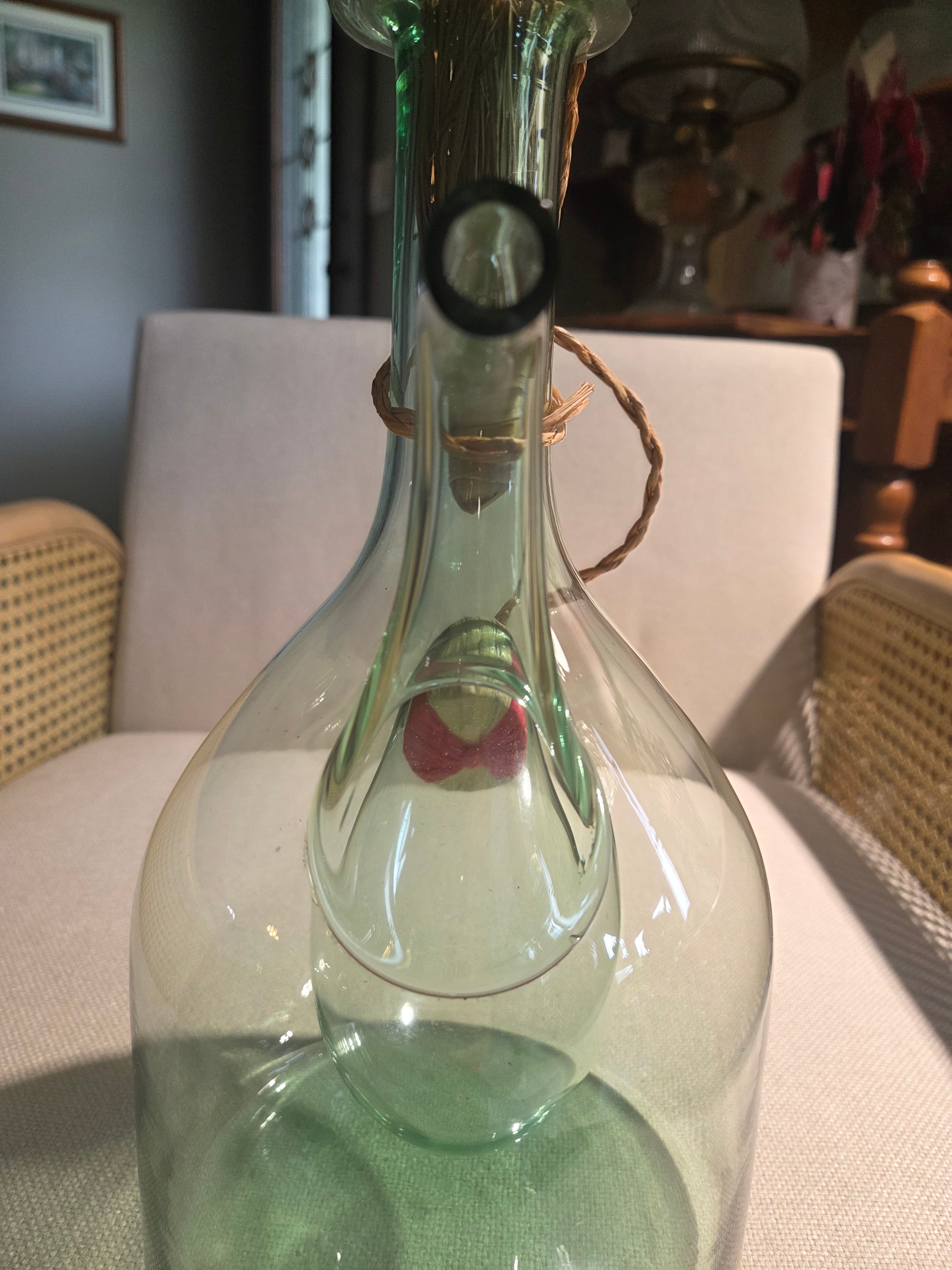 Vintage Italian Blown Green Glass Wine Decanter Ice Chamber Chiller Spout - Thumbnail 3