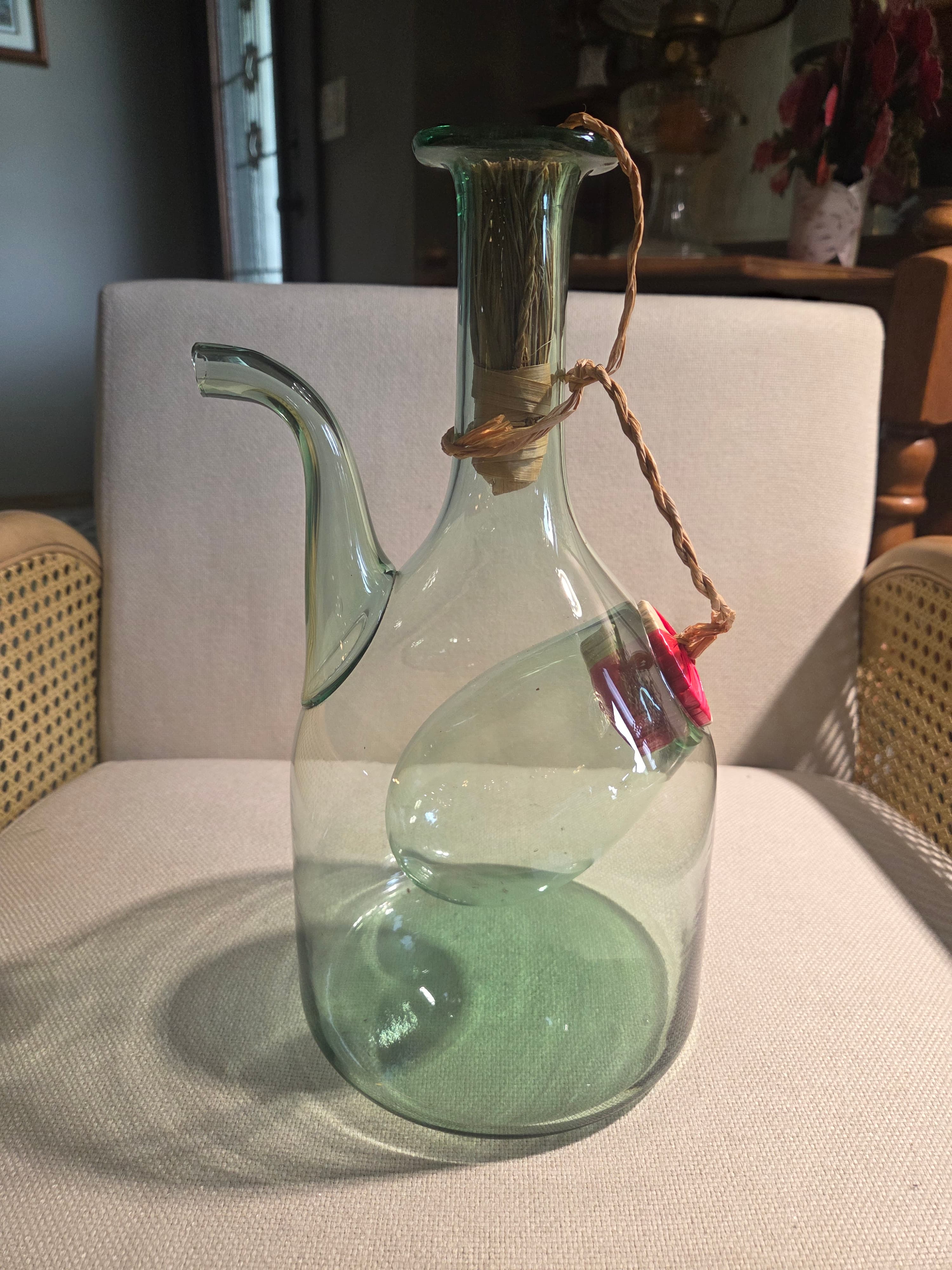 Vintage Italian Blown Green Glass Wine Decanter Ice Chamber Chiller Spout - Thumbnail 2