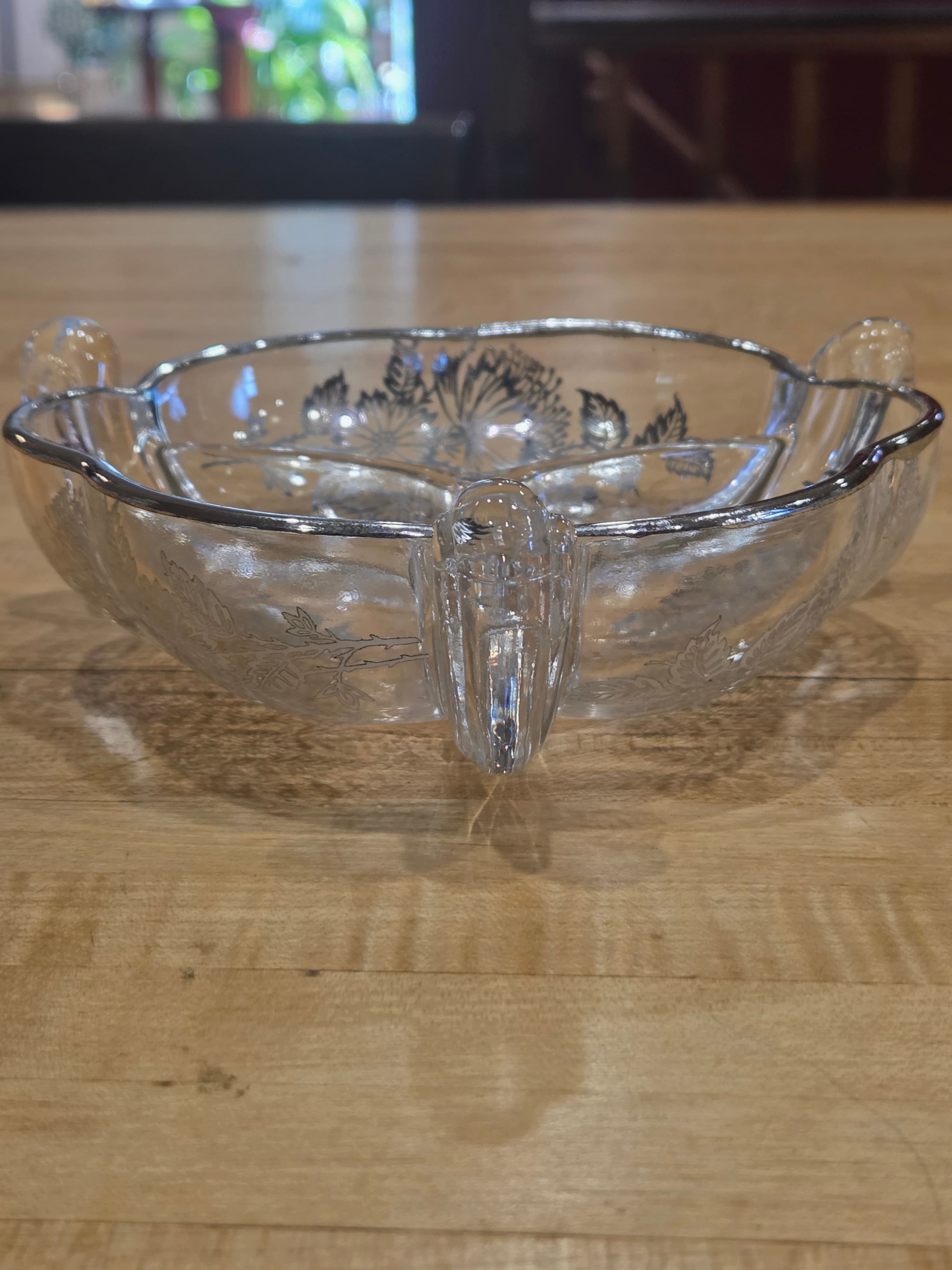 Vintage Heisey Orchid Queen Ann Glass 3 Divided Relish Dish Silver Overlay - Thumbnail 5