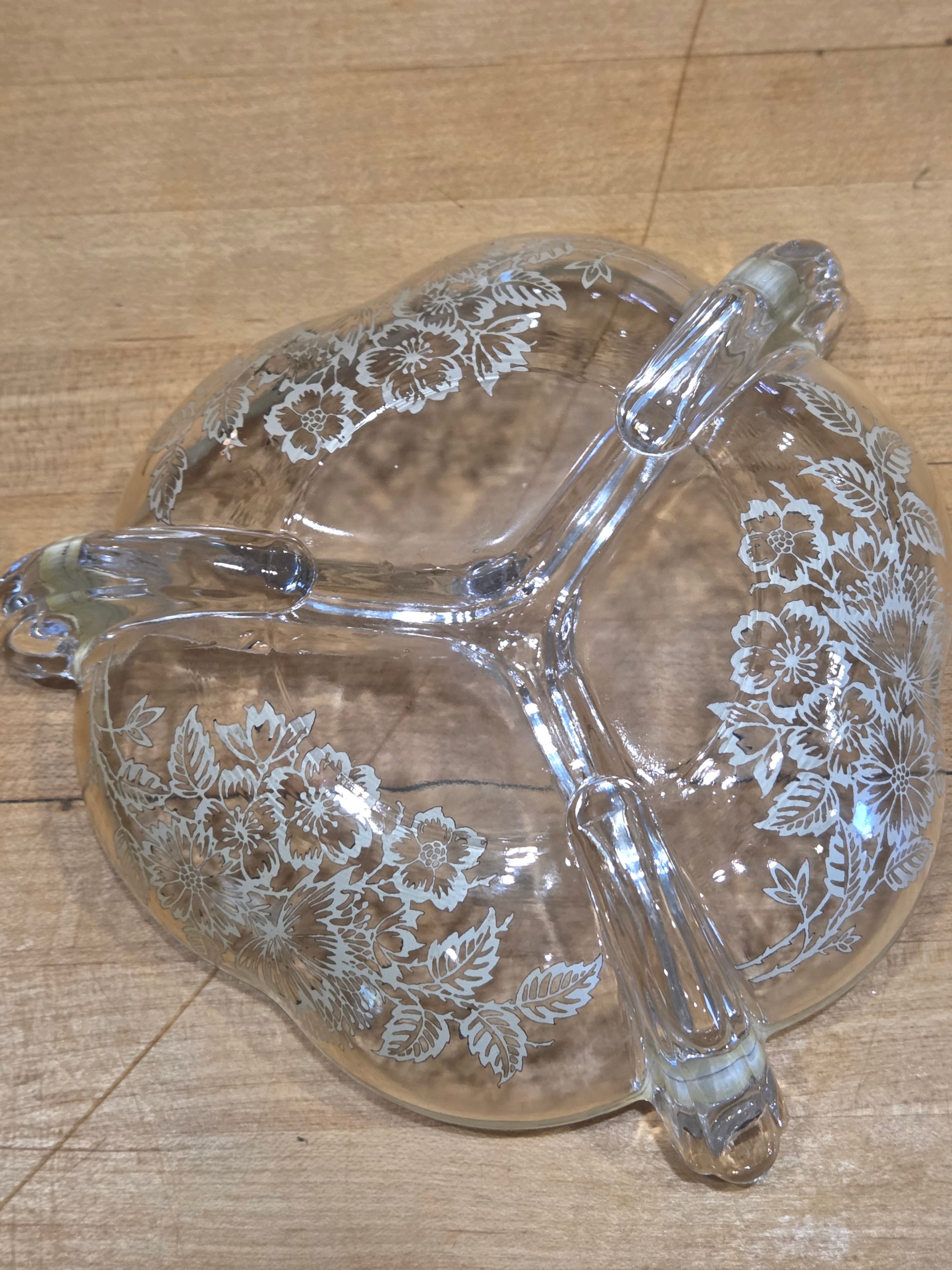Vintage Heisey Orchid Queen Ann Glass 3 Divided Relish Dish Silver Overlay - Thumbnail 3