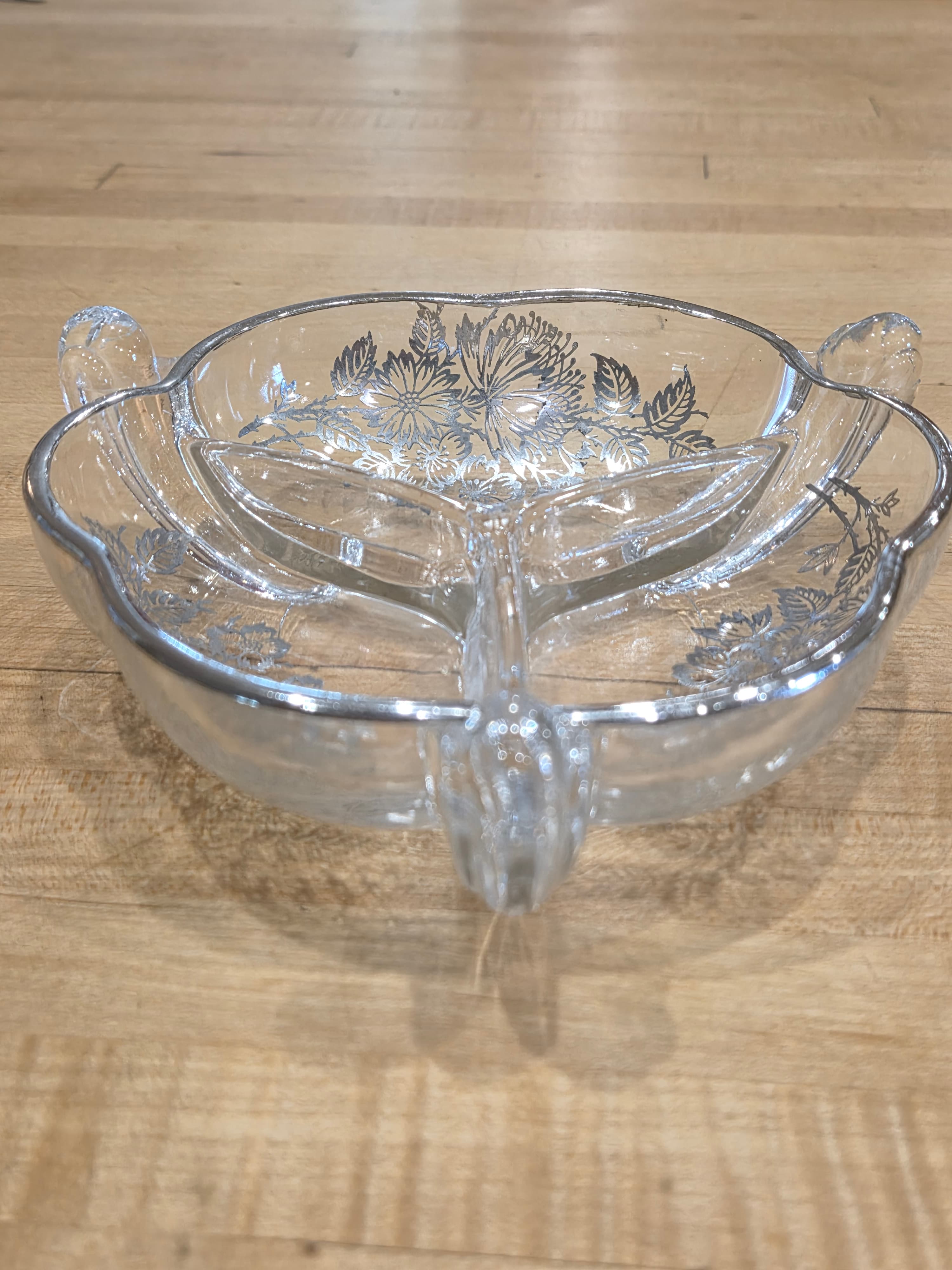 Vintage Heisey Orchid Queen Ann Glass 3 Divided Relish Dish Silver Overlay - Thumbnail 6