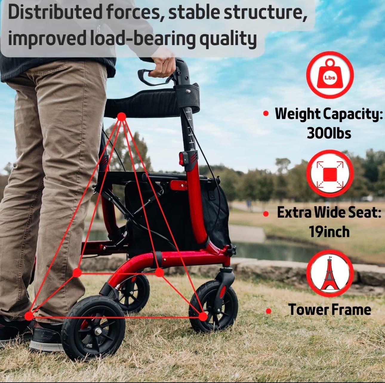 Red Rollator Walker with Seat 300lbs Capacity - Thumbnail 2