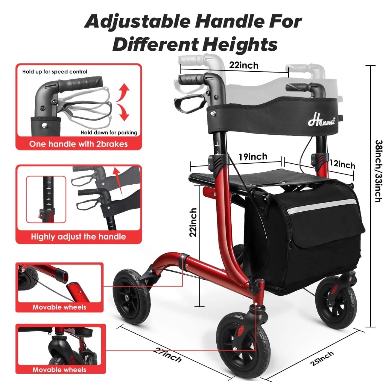 Red Rollator Walker with Seat 300lbs Capacity - Thumbnail 4