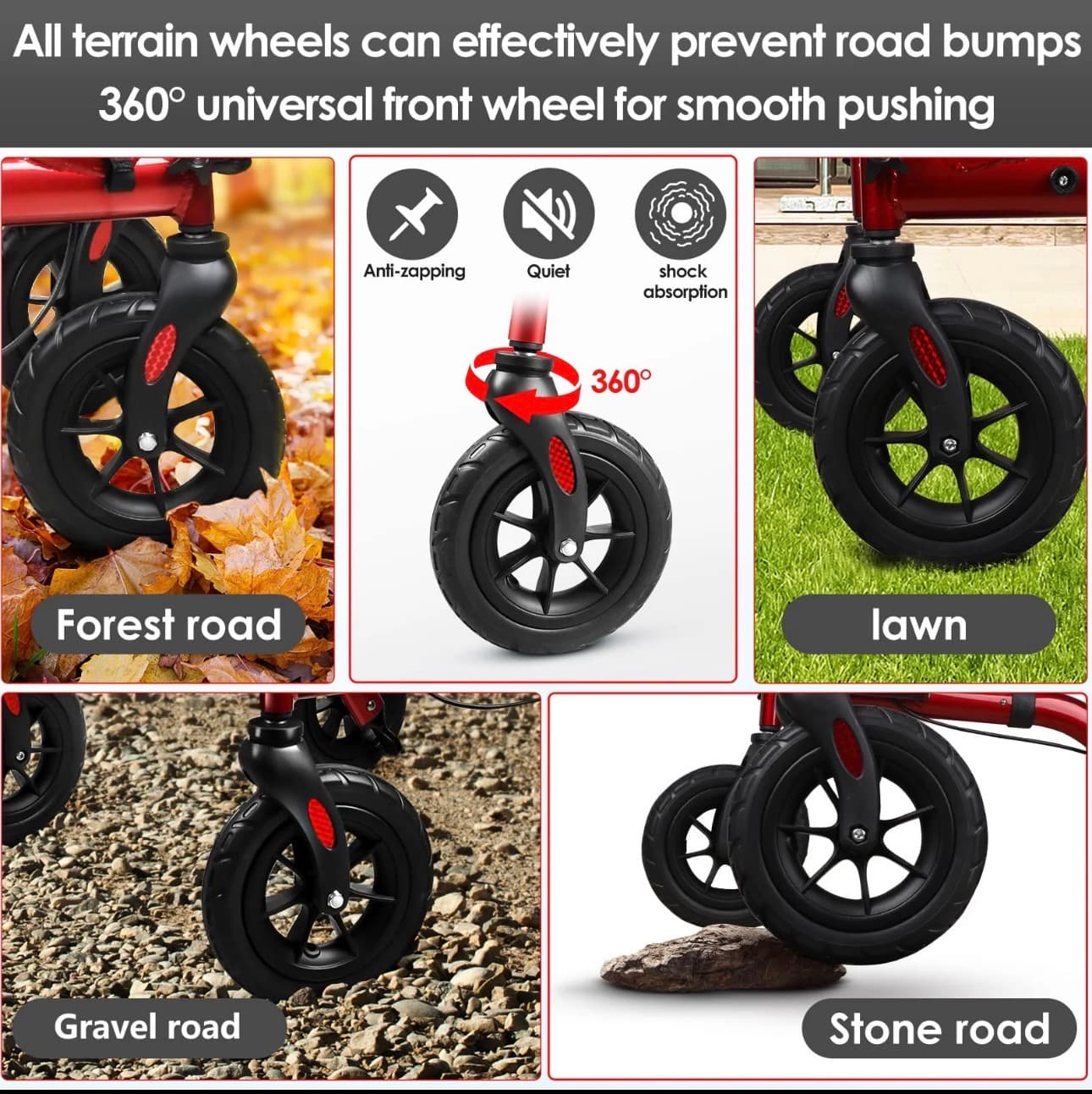Red Rollator Walker with Seat 300lbs Capacity - Thumbnail 3