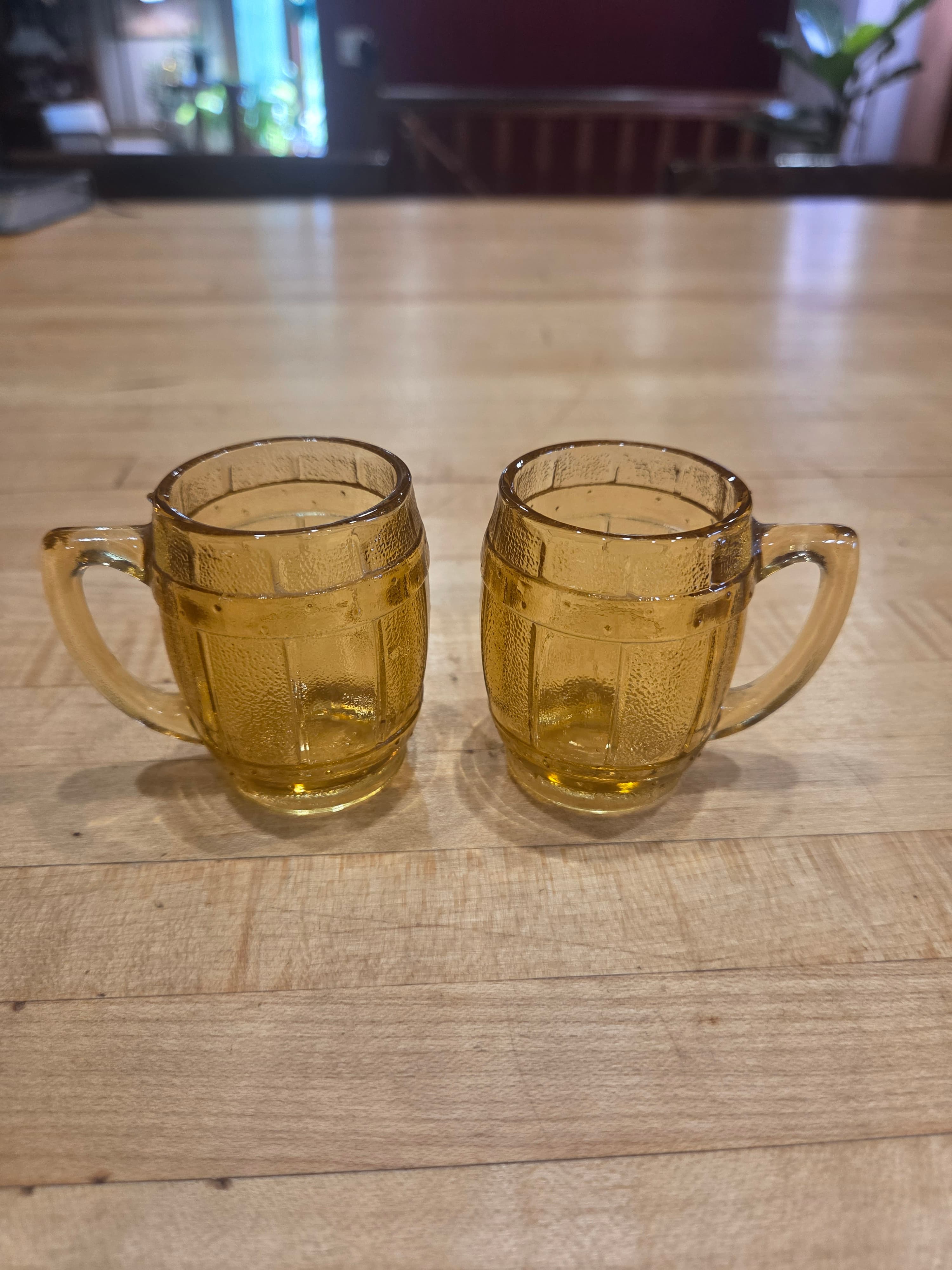 Vintage Hazel Atlas Amber Glass Barrel Miniature Mug Shot Glass Set Of 2
