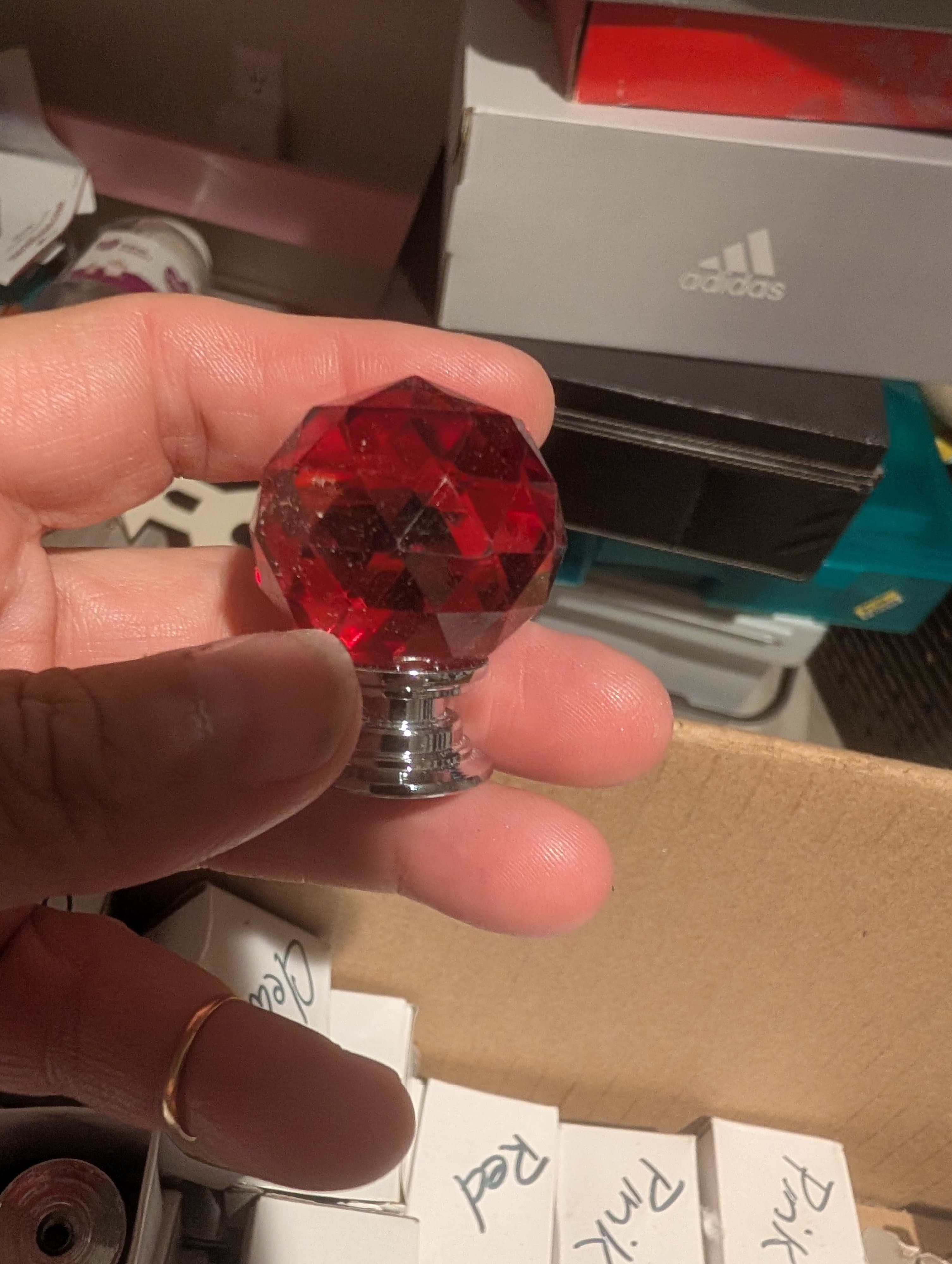 Crystal Draw Knobs Set of 6 Red Glass Diamond Pattern - Thumbnail 4