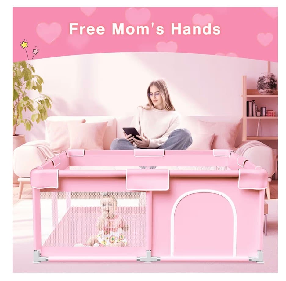 Pink Baby Playpen with Mat, 50x50 Inch Playpen with Mat Waterproof for Babies and Toddlers Play Pen for Girls Pink Playards Safety Gate Fence Active Center Indoor - Thumbnail 2