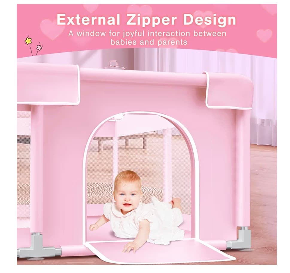 Pink Baby Playpen with Mat, 50x50 Inch Playpen with Mat Waterproof for Babies and Toddlers Play Pen for Girls Pink Playards Safety Gate Fence Active Center Indoor - Thumbnail 4