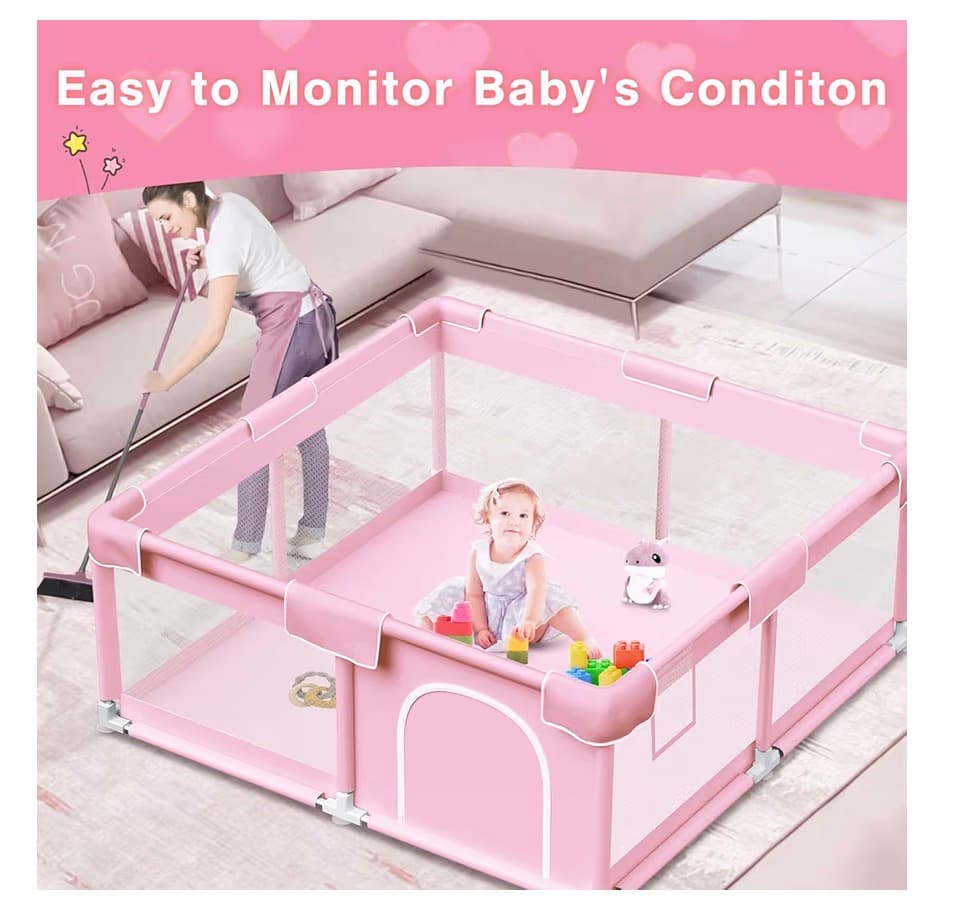 Pink Baby Playpen with Mat, 50x50 Inch Playpen with Mat Waterproof for Babies and Toddlers Play Pen for Girls Pink Playards Safety Gate Fence Active Center Indoor - Thumbnail 3
