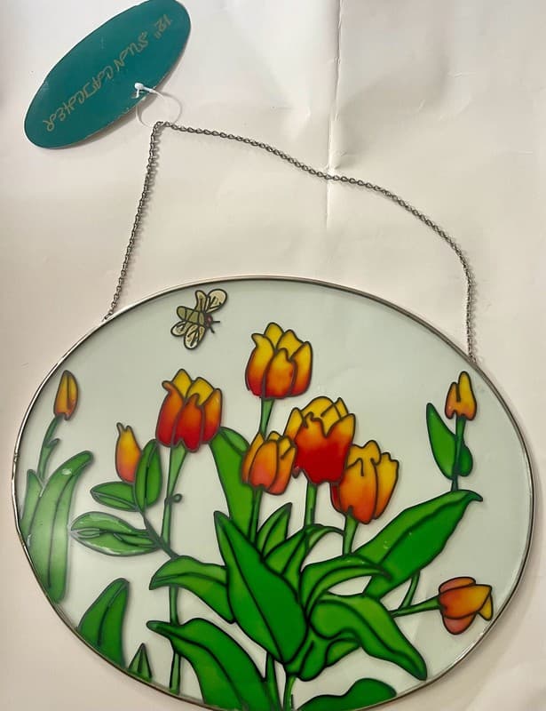 DSA Inc. 12" Round Tulip and Bee Stained Glass Style Suncatcher