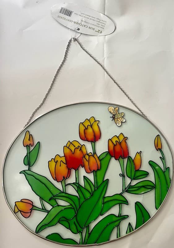 DSA Inc. 12" Round Tulip and Bee Stained Glass Style Suncatcher - Thumbnail 2