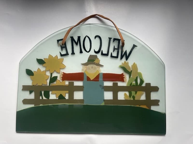 Vintage Fall Scarecrow Welcome Glass Wall Hanging Sign - Thumbnail 3