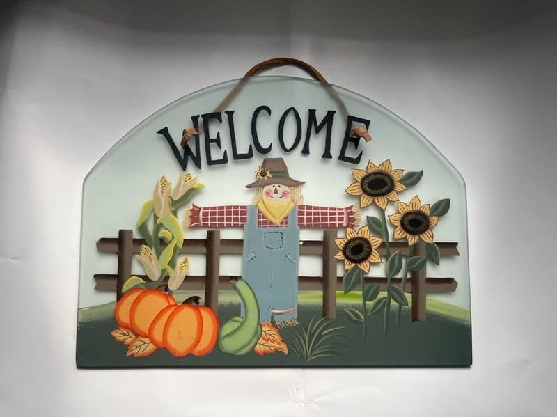 Vintage Fall Scarecrow Welcome Glass Wall Hanging Sign - Thumbnail 2