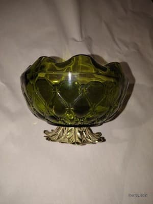 Vintage 1960's Emerald Green Indiana Glass Gold Footed Pineapple Bowl