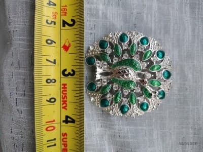 Vintage Designer Peacock Brooch Pin Enamel Silver Toned Green Blue - Thumbnail 7