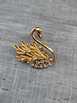 Vintage Gold Tone Swan Pin With Rhinestones Small Elegant Brooch - Thumbnail 2