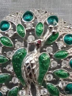 Vintage Designer Peacock Brooch Pin Enamel Silver Toned Green Blue - Thumbnail 2
