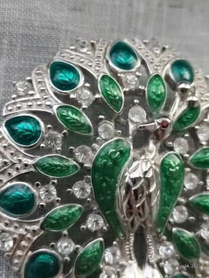Vintage Designer Peacock Brooch Pin Enamel Silver Toned Green Blue - Thumbnail 3