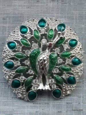 Vintage Designer Peacock Brooch Pin Enamel Silver Toned Green Blue