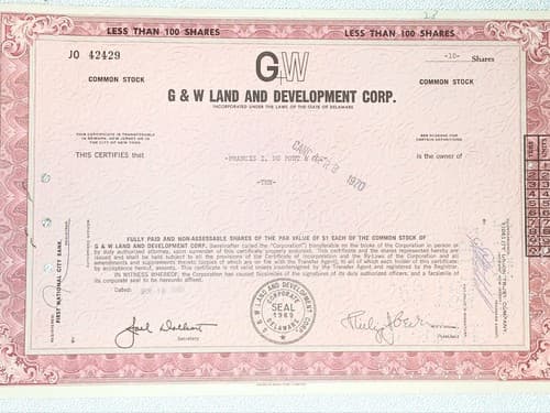 G And W Land And development CO Canceled Stock Certificate Signed/stamped By...