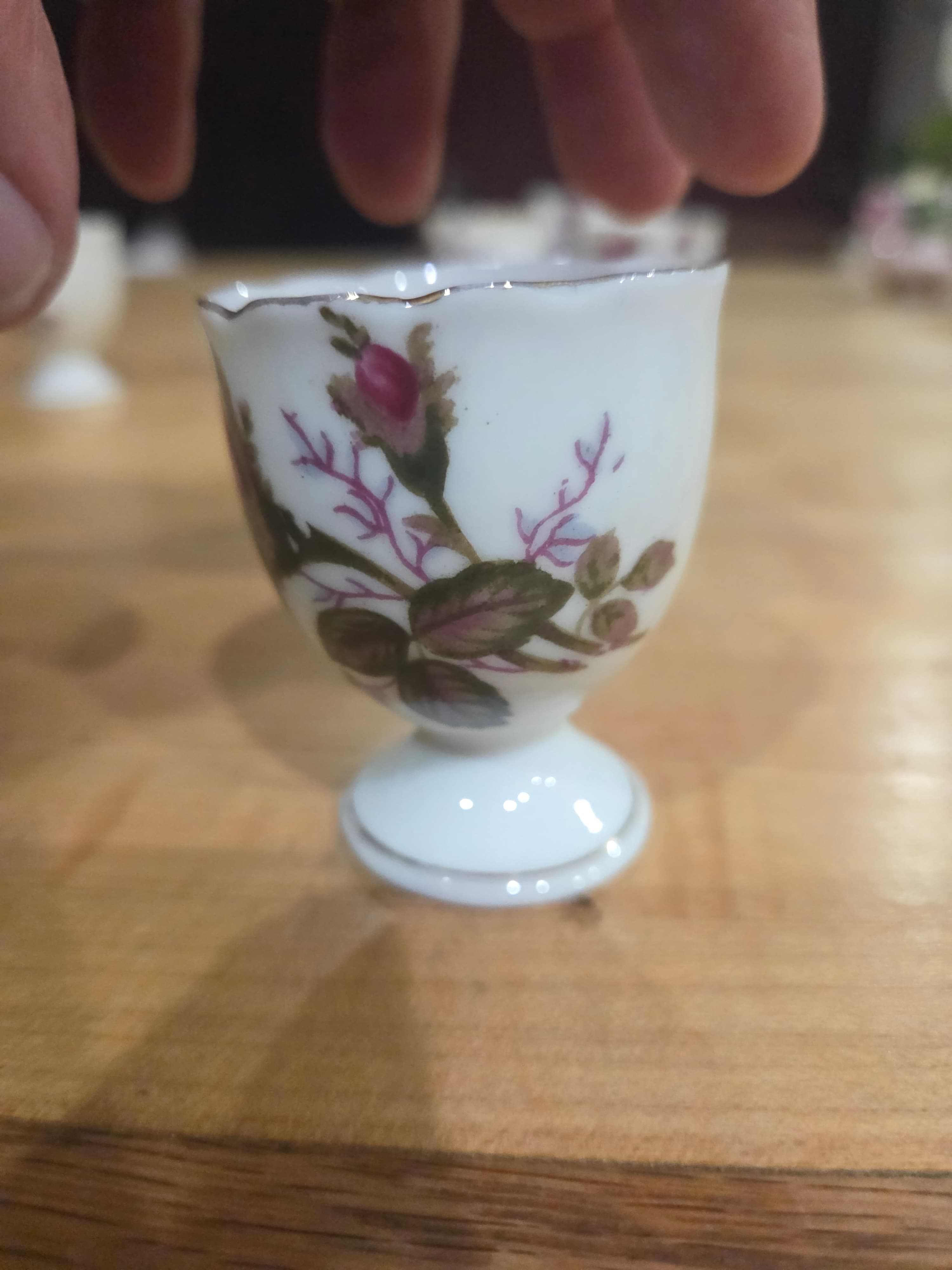 Set of 5 Vintage Japan Porcelain Pink Rose Footed Egg Cups Gold Trim - Thumbnail 5
