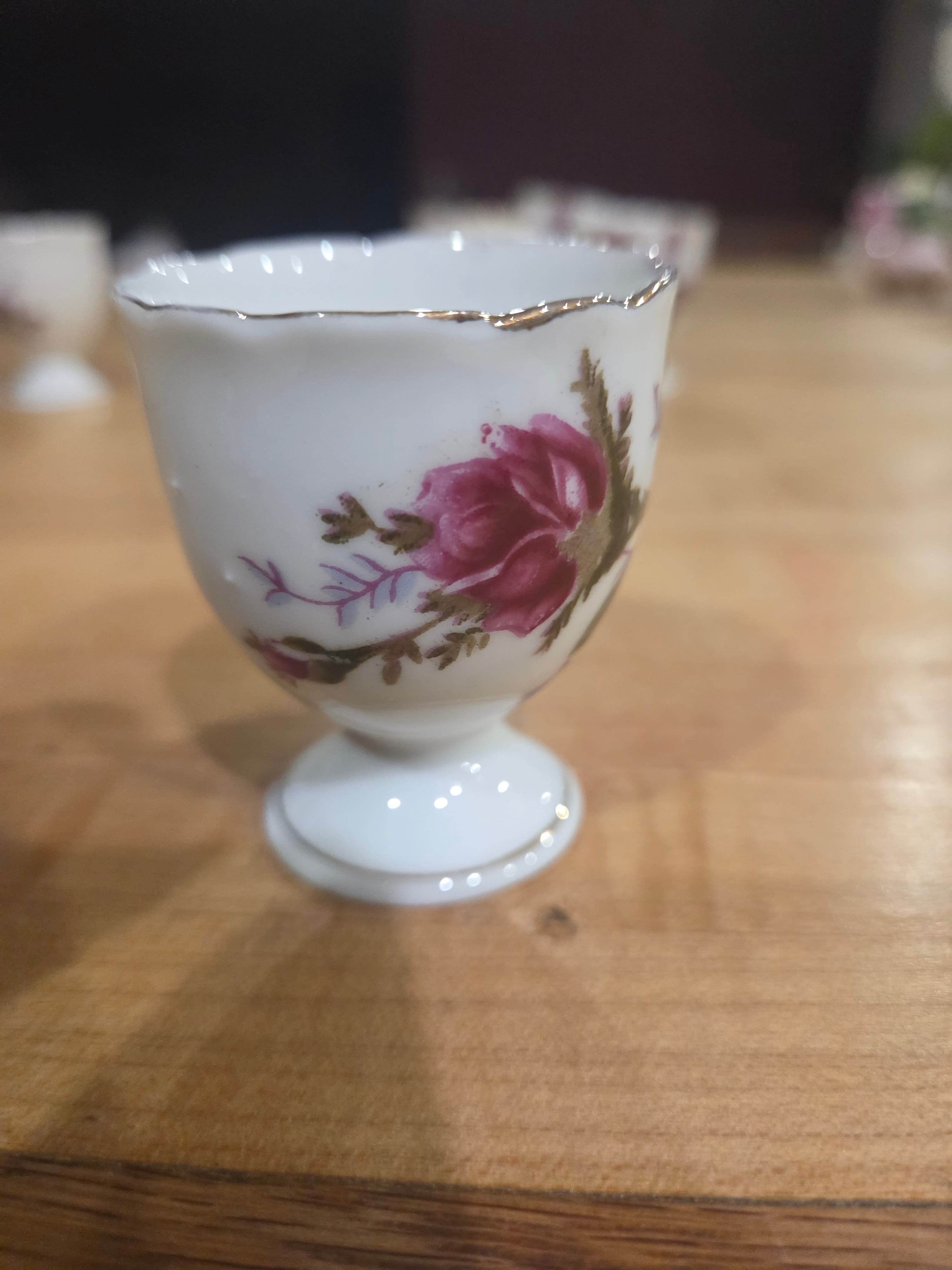 Set of 5 Vintage Japan Porcelain Pink Rose Footed Egg Cups Gold Trim - Thumbnail 6