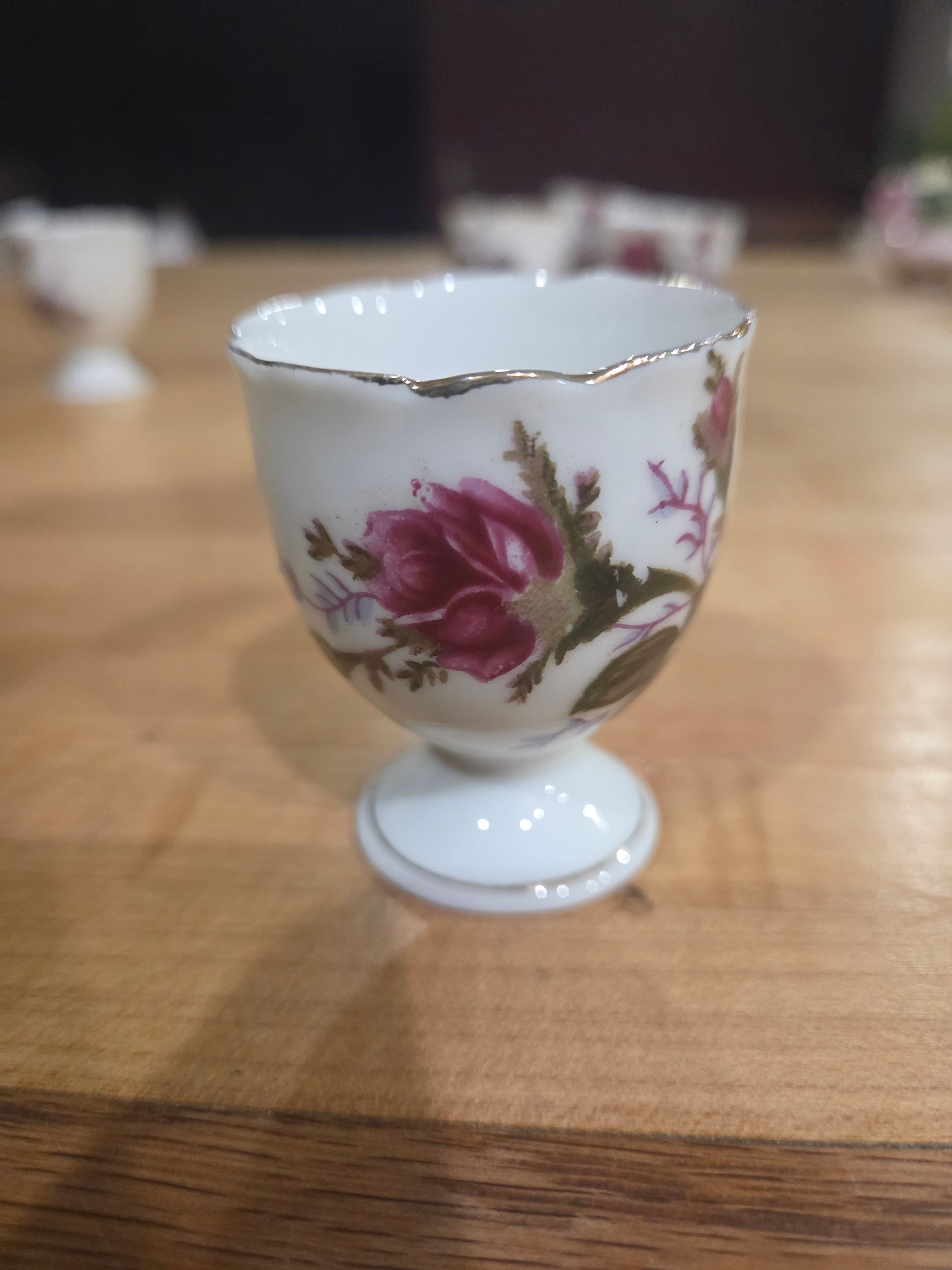 Set of 5 Vintage Japan Porcelain Pink Rose Footed Egg Cups Gold Trim - Thumbnail 4