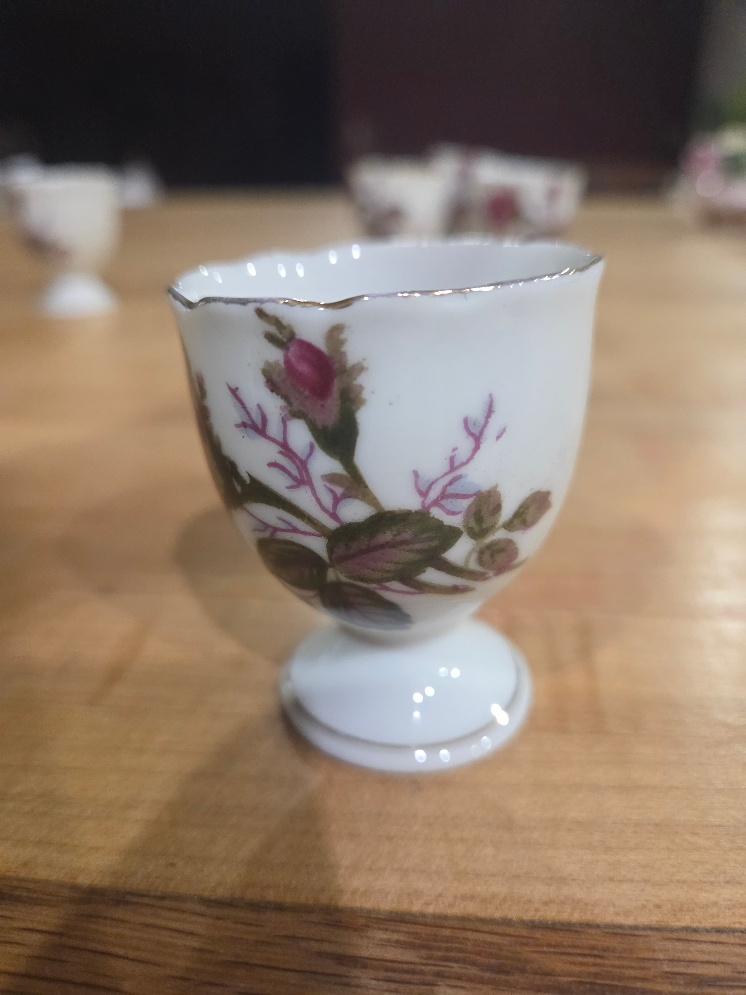 Set of 5 Vintage Japan Porcelain Pink Rose Footed Egg Cups Gold Trim - Thumbnail 3