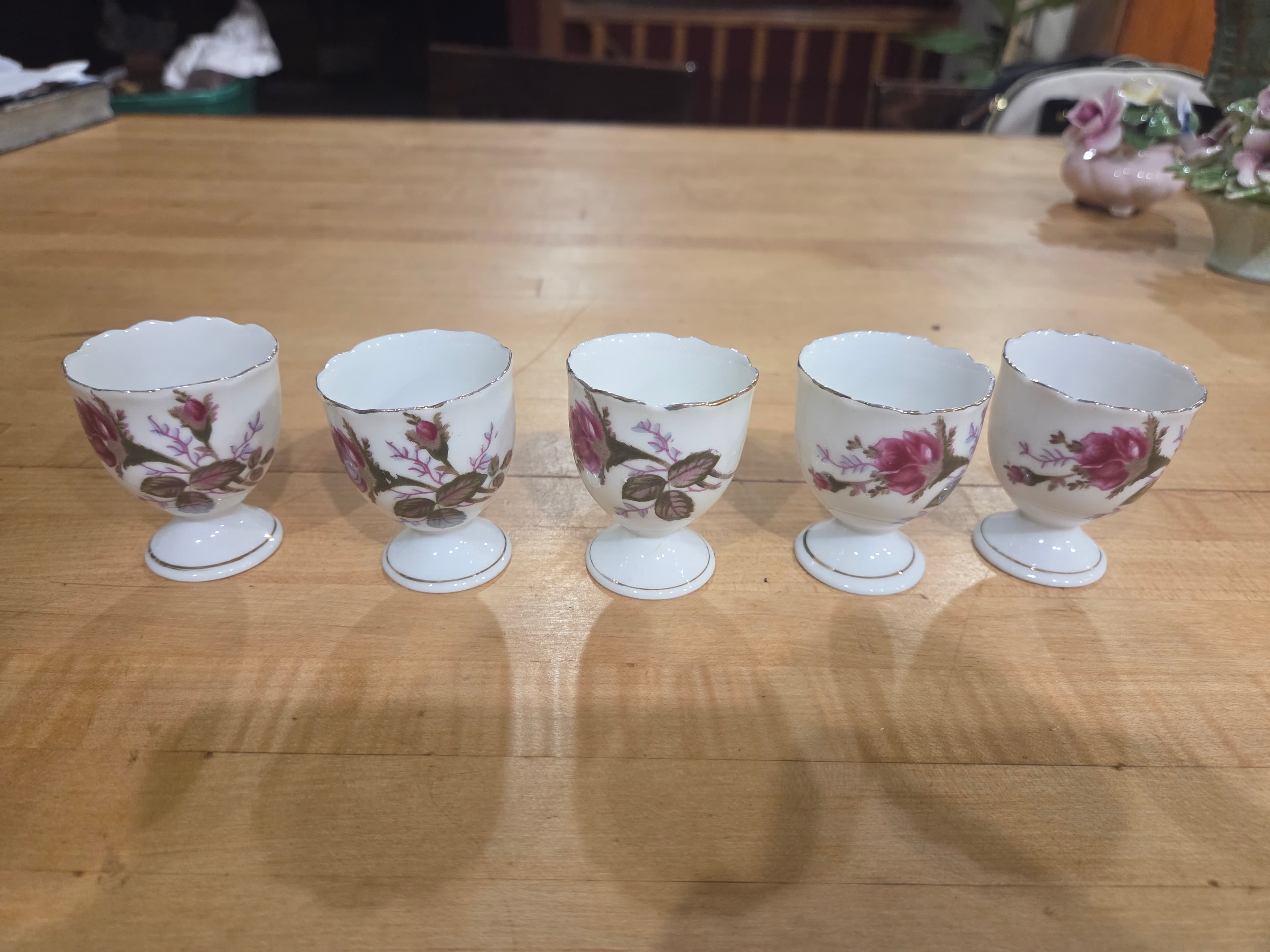 Set of 5 Vintage Japan Porcelain Pink Rose Footed Egg Cups Gold Trim