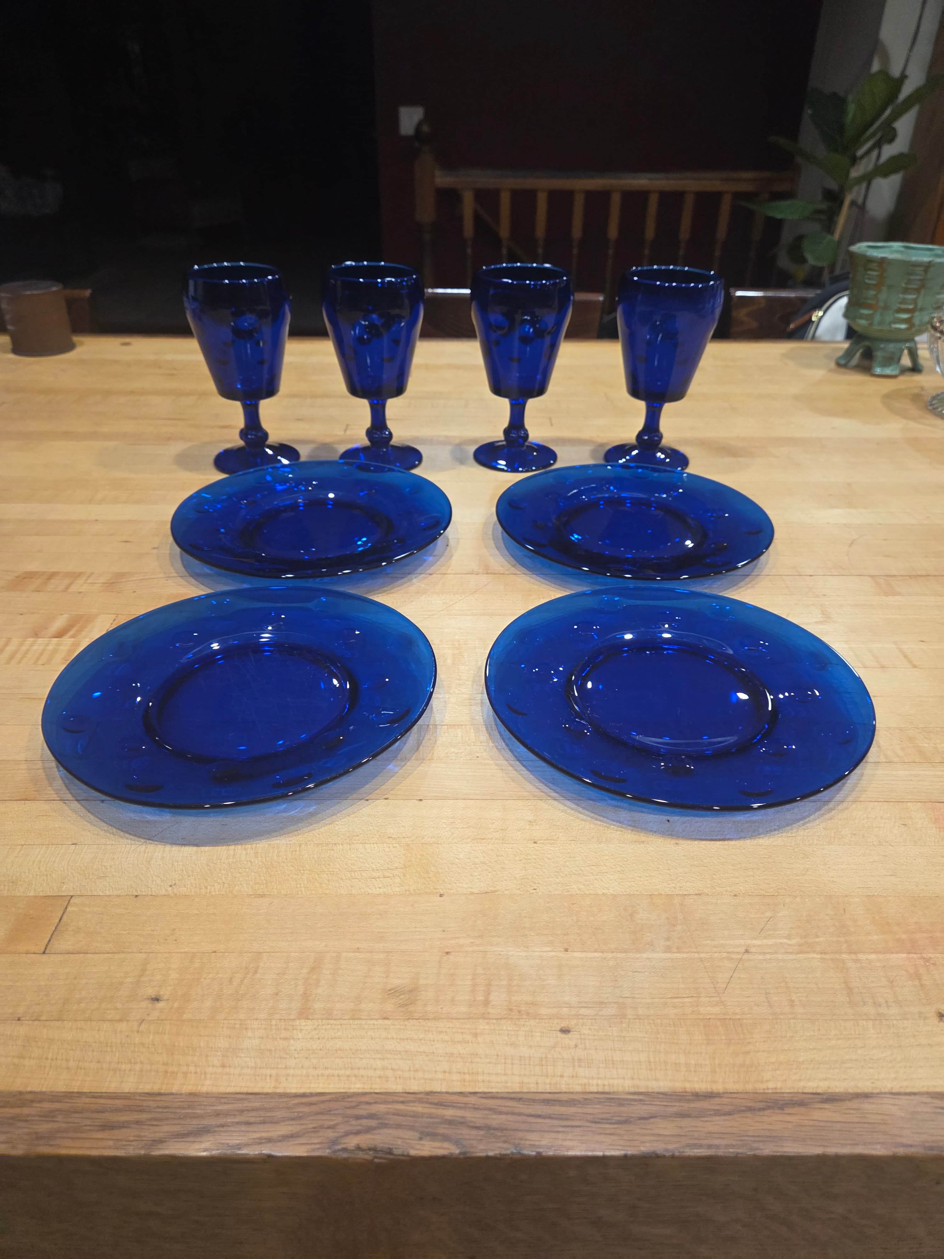 Vintage Indiana Glass Tiara Kings Crown Cobalt Blue Goblets and Plates Set 8pc
