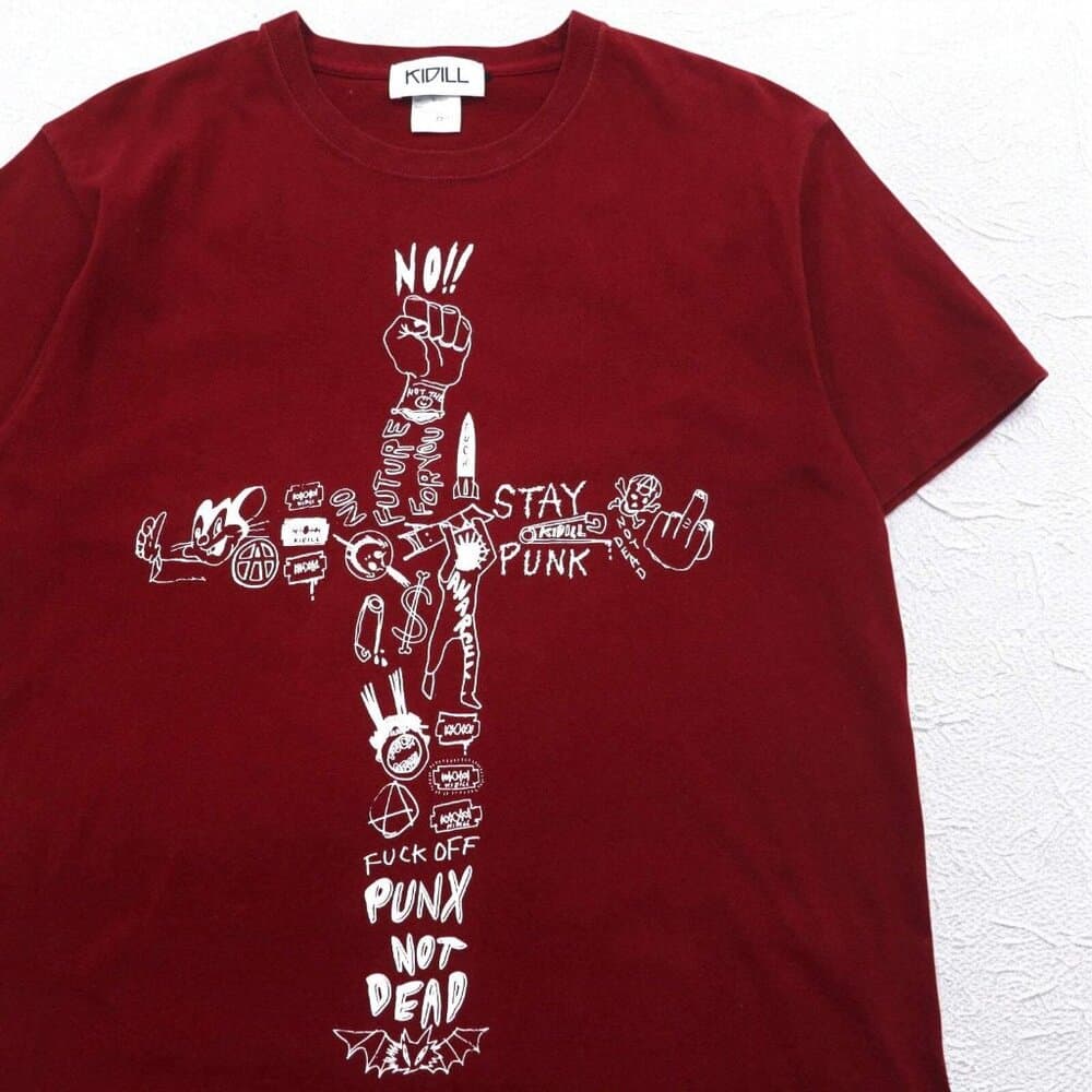 KIDILL Punk Cross Print T-Shirt - Burgundy Cotton - Thumbnail 2
