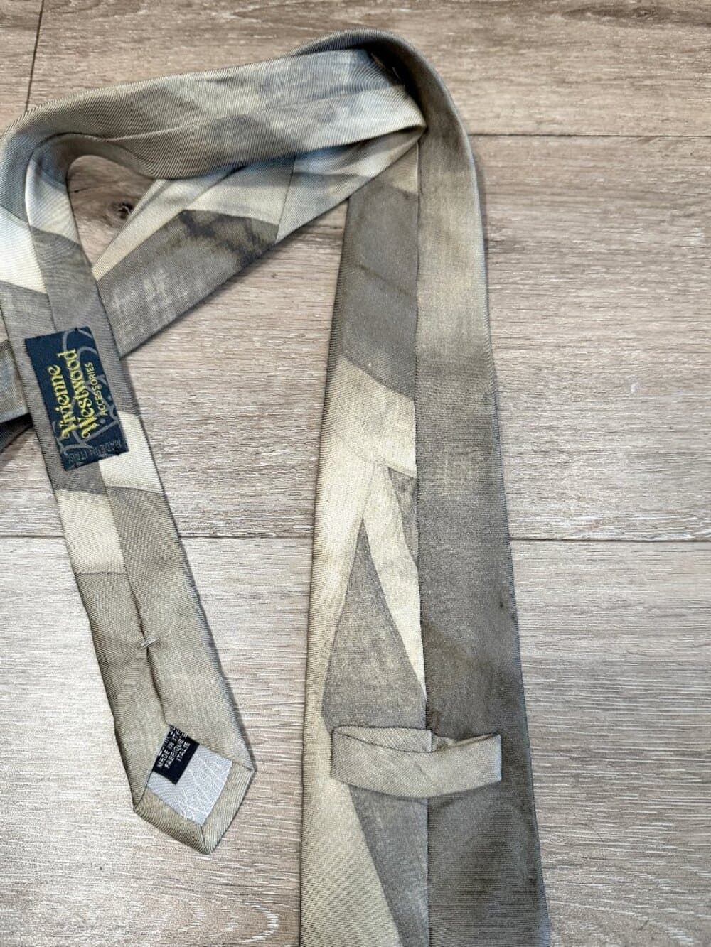 Vivienne Westwood Archive Distressed Union Jack Silk Tie, Grey Silver Italy - Thumbnail 5