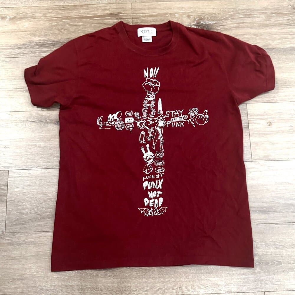 KIDILL Punk Cross Print T-Shirt - Burgundy Cotton - Thumbnail 11