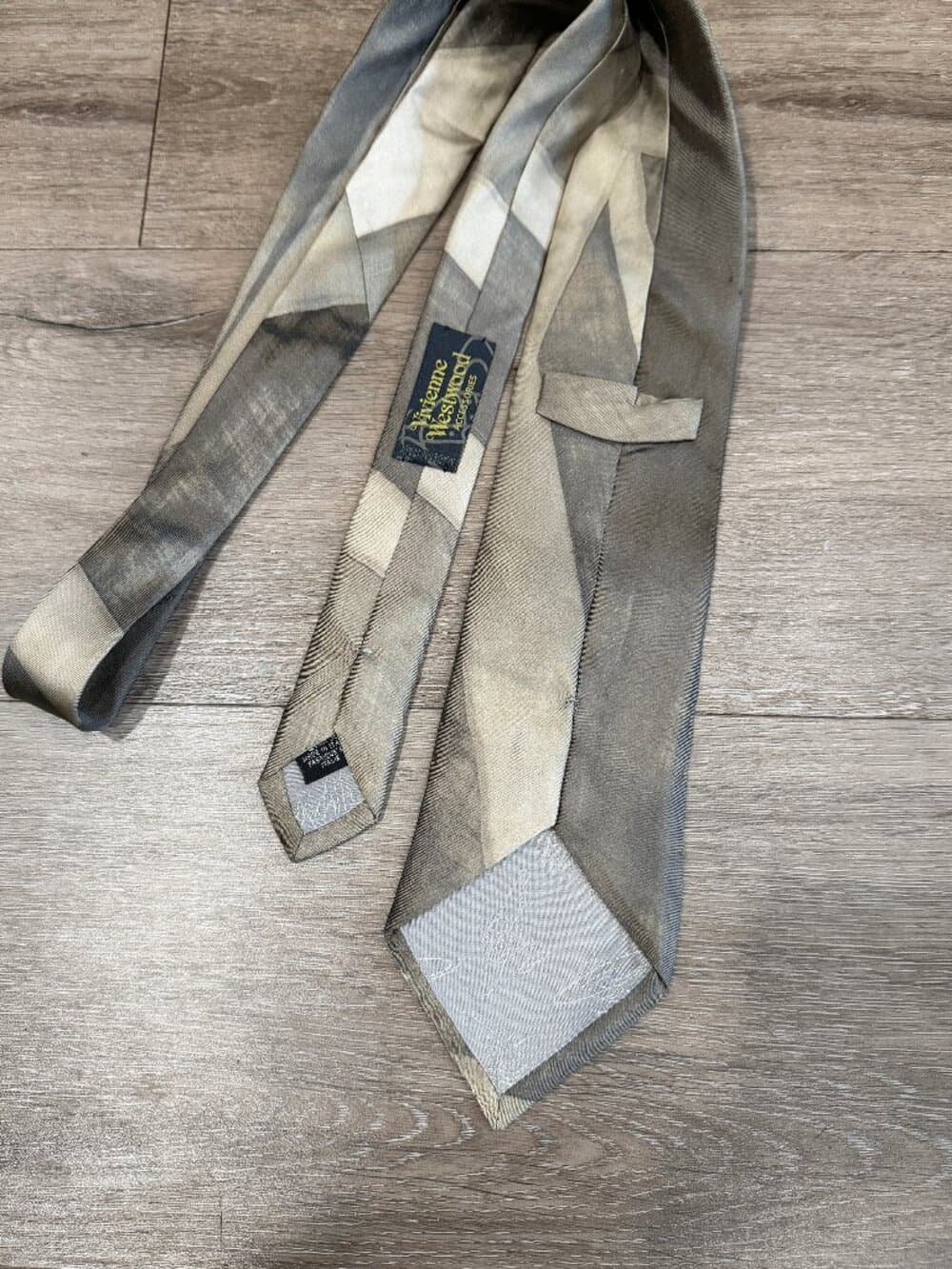 Vivienne Westwood Archive Distressed Union Jack Silk Tie, Grey Silver Italy - Thumbnail 2