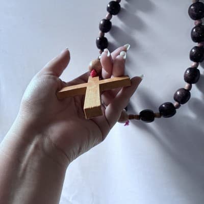 Extra Large Wood Rosary Prayer Beads Laquered Table Top Wall Hanging Catholic - Thumbnail 3