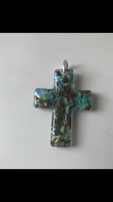 Vintage Art Glass Cross Crucifix Pendant Diochoic Glass 1.5in Catholic Religious - Thumbnail 4