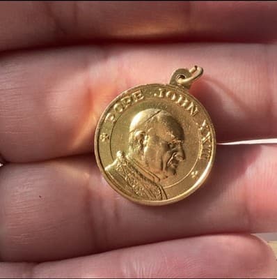 Vintage MCM Pope Paul XXIII Gold Tone aluminum Medal Pendant Our Lady Lourdes