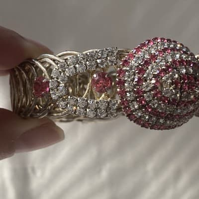 Vintage MCM Brilliant Pink White Rhinestone Coil Wrap Bracelet Prong Set READ - Thumbnail 6
