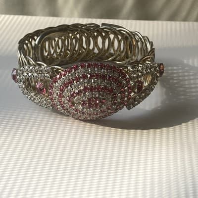 Vintage MCM Brilliant Pink White Rhinestone Coil Wrap Bracelet Prong Set READ - Thumbnail 4