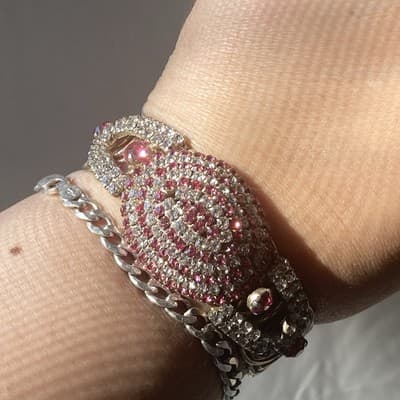 Vintage MCM Brilliant Pink White Rhinestone Coil Wrap Bracelet Prong Set READ