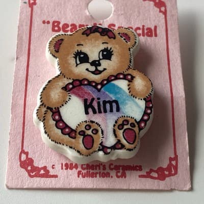 Vintage 80s NOS Ceramic Teddy Bear Beary Special KIM Brooch 1984 Cheris Ceramics