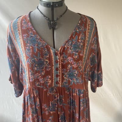 Angie Womens Boho Floral Baby Doll Dress Pockets Grunge Whimsy Cottage Small - Thumbnail 12
