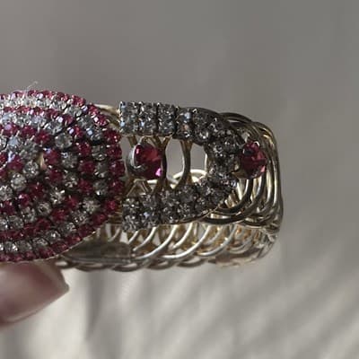 Vintage MCM Brilliant Pink White Rhinestone Coil Wrap Bracelet Prong Set READ - Thumbnail 7