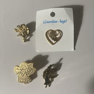 Vintage Gold-tone Guardian Angel Pin Assorted Cherubs Angels Catholic Lot Of 4